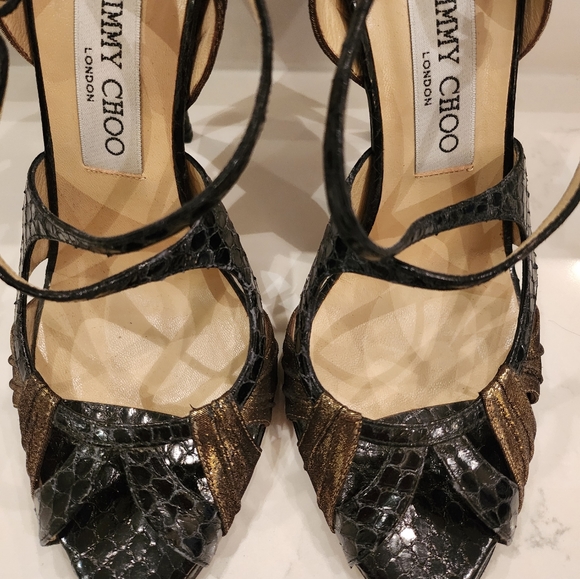 Jimmy Choo Black/Gold Disco Snakeskin  T-Strap heels size 37 - Picture 7 of 11